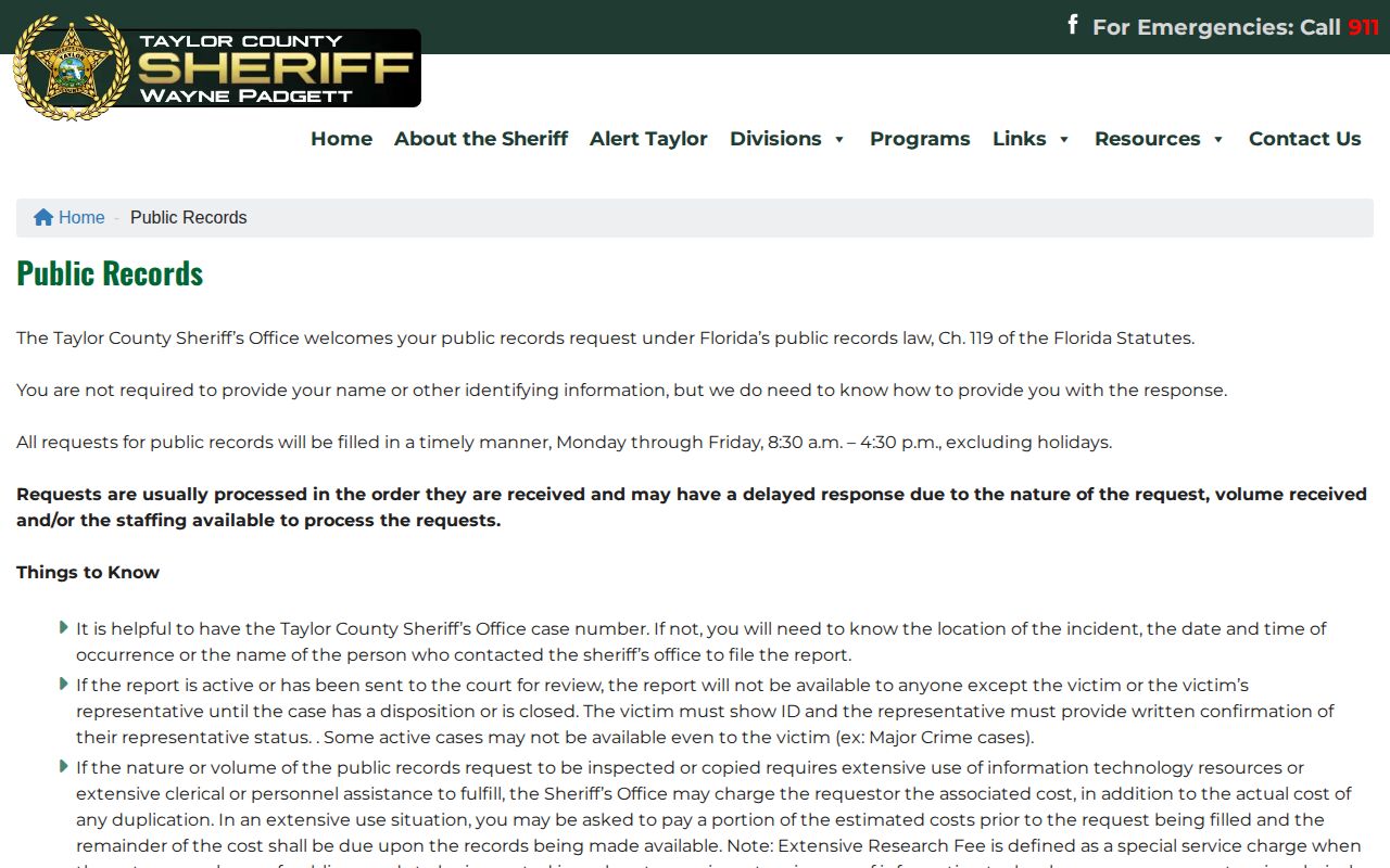 Taylor County booking record and mugshot public-record request page