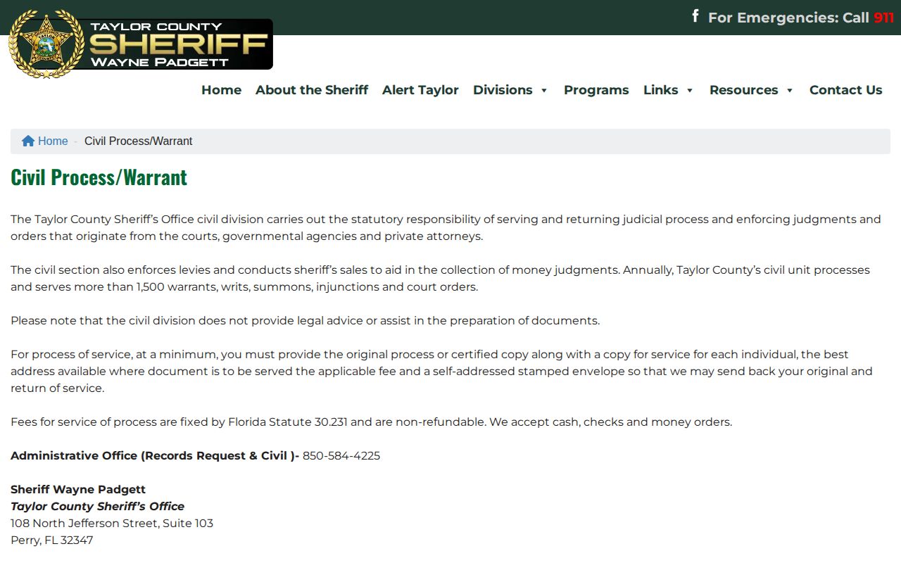 Taylor County Sheriff civil process and warrant division information